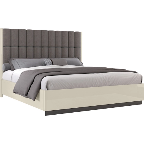 Seville King Bed in Beige, Brown Metal Lacquer & Brown Fabric